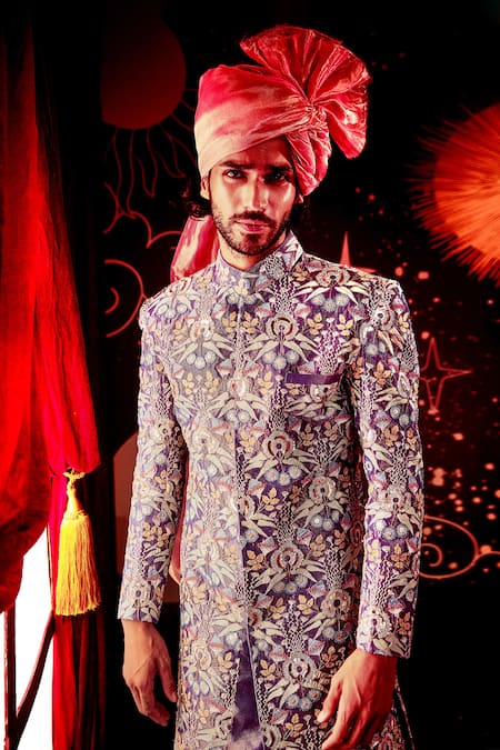 Aisha Rao_Purple Tissue, Dupion Embroidered Sherwani Set _at_Aza_Fashions