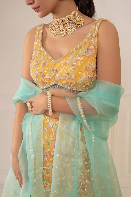Shop_Mani Bhatia_Yellow Organza, Net, Crepe, Satin Leaf Neck Embroidered Bridal Lehenga Set _Online_at_Aza_Fashions