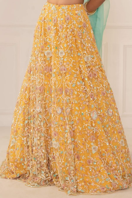 Mani Bhatia_Yellow Organza, Net, Crepe, Satin Leaf Neck Embroidered Bridal Lehenga Set _at_Aza_Fashions