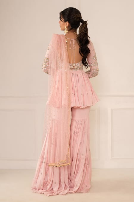 Shop Mani Bhatia Pink Net, Cotton Silk Sweetheart Neck Embroidered Sharara Set at Aza Fashions Shop_Mani Bhatia_Pink Net, Cotton Silk Sweetheart Neck Embroidered Sharara Set _at_Aza_Fashions