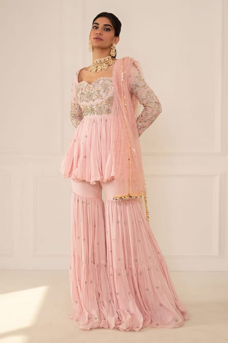Mani Bhatia Pink Net, Cotton Silk Sweetheart Neck Embroidered Sharara Set Online at Aza Fashions Mani Bhatia_Pink Net, Cotton Silk Sweetheart Neck Embroidered Sharara Set _Online_at_Aza_Fashions