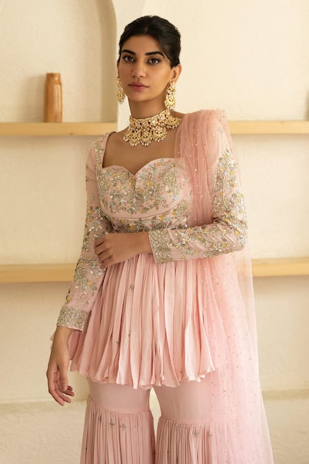 Buy Mani Bhatia Pink Net, Cotton Silk Sweetheart Neck Embroidered Sharara Set Online at Aza Fashions Buy_Mani Bhatia_Pink Net, Cotton Silk Sweetheart Neck Embroidered Sharara Set _Online_at_Aza_Fashions