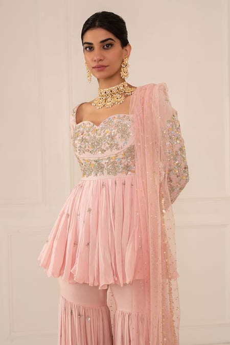 Shop Mani Bhatia Pink Net, Cotton Silk Sweetheart Neck Embroidered Sharara Set Online at Aza Fashions Shop_Mani Bhatia_Pink Net, Cotton Silk Sweetheart Neck Embroidered Sharara Set _Online_at_Aza_Fashions