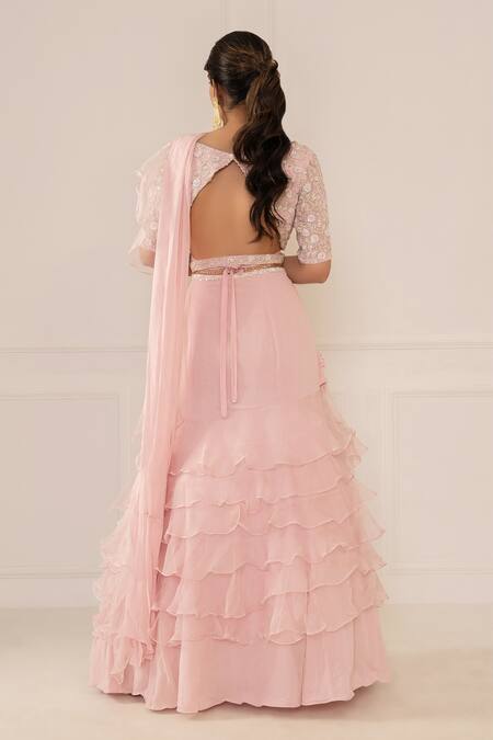 Shop_Mani Bhatia_Pink Organza Embroidery V Neck Pre-draped Ruffle Saree With Blouse _at_Aza_Fashions