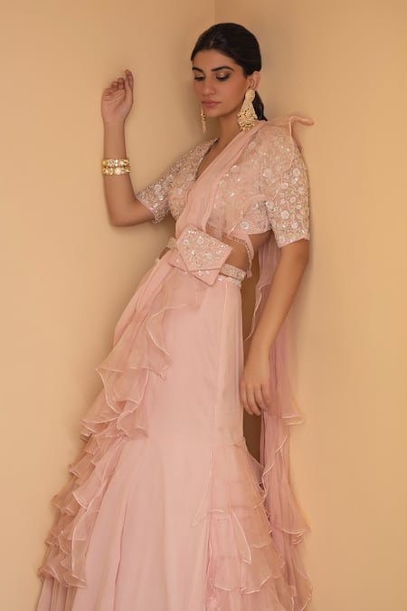 Mani Bhatia_Pink Organza Embroidery V Neck Pre-draped Ruffle Saree With Blouse _Online_at_Aza_Fashions