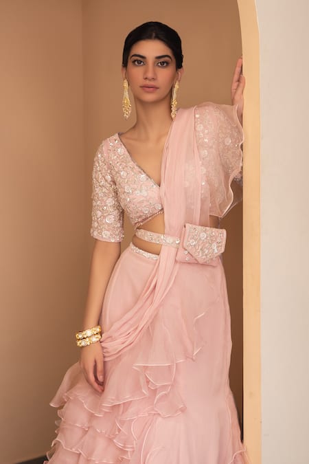 Buy_Mani Bhatia_Pink Organza Embroidery V Neck Pre-draped Ruffle Saree With Blouse _Online_at_Aza_Fashions