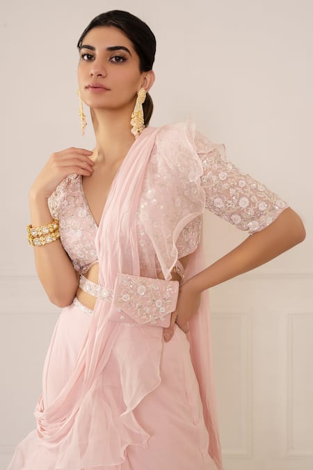 Mani Bhatia_Pink Organza Embroidery V Neck Pre-draped Ruffle Saree With Blouse _at_Aza_Fashions