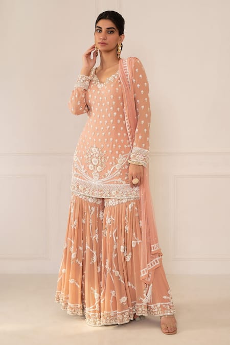 Mani Bhatia Peach Silk Embroidery V Neck Sharara Set