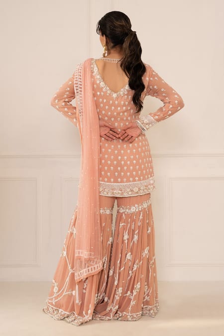 Shop Mani Bhatia Peach Silk Embroidery V Neck Sharara Set at Aza Fashions Shop_Mani Bhatia_Peach Silk Embroidery V Neck Sharara Set _at_Aza_Fashions