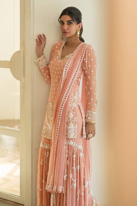 Mani Bhatia Peach Silk Embroidery V Neck Sharara Set Online at Aza Fashions Mani Bhatia_Peach Silk Embroidery V Neck Sharara Set _Online_at_Aza_Fashions