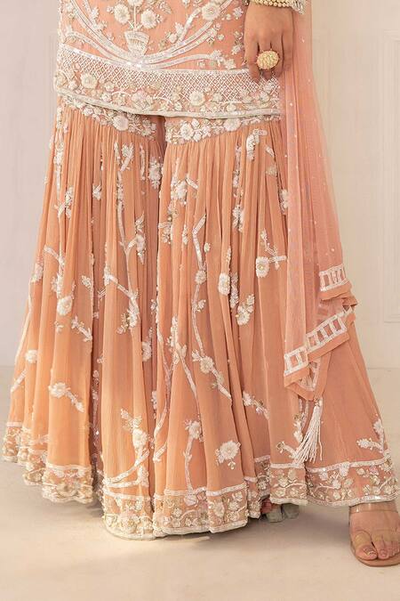 Shop Mani Bhatia Peach Silk Embroidery V Neck Sharara Set Online at Aza Fashions Shop_Mani Bhatia_Peach Silk Embroidery V Neck Sharara Set _Online_at_Aza_Fashions
