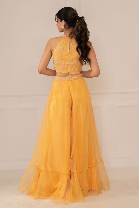 Shop Mani Bhatia Yellow Silk Organza Embroidery Cape Open Crop Top Round And Gharara Set at Aza Fashions Shop_Mani Bhatia_Yellow Silk Organza Embroidery Cape Open Crop Top Round And Gharara Set _at_Aza_Fashions