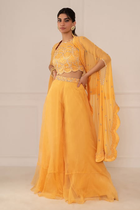 Mani Bhatia Yellow Silk Organza Embroidery Cape Open Crop Top Round And Gharara Set Online at Aza Fashions Mani Bhatia_Yellow Silk Organza Embroidery Cape Open Crop Top Round And Gharara Set _Online_at_Aza_Fashions