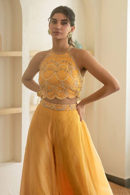 Buy Mani Bhatia Yellow Silk Organza Embroidery Cape Open Crop Top Round And Gharara Set Online at Aza Fashions Buy_Mani Bhatia_Yellow Silk Organza Embroidery Cape Open Crop Top Round And Gharara Set _Online_at_Aza_Fashions