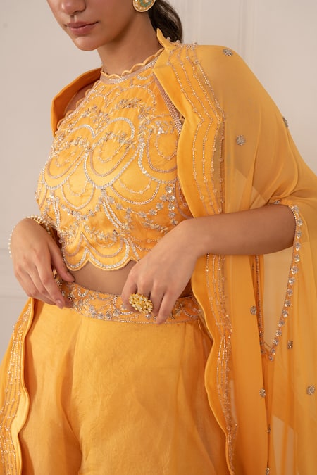 Shop Mani Bhatia Yellow Silk Organza Embroidery Cape Open Crop Top Round And Gharara Set Online at Aza Fashions Shop_Mani Bhatia_Yellow Silk Organza Embroidery Cape Open Crop Top Round And Gharara Set _Online_at_Aza_Fashions