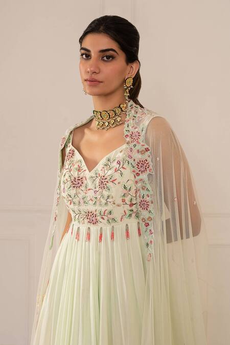 Mani Bhatia Green Cotton Silk Embroidery Sweetheart Neck Anarkali Set Online at Aza Fashions Mani Bhatia_Green Cotton Silk Embroidery Sweetheart Neck Anarkali Set _Online_at_Aza_Fashions