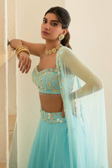 Mani Bhatia_Blue Net, Silk Organza Sweetheart Neck Embroidered Bridal Lehenga Set _Online_at_Aza_Fashions