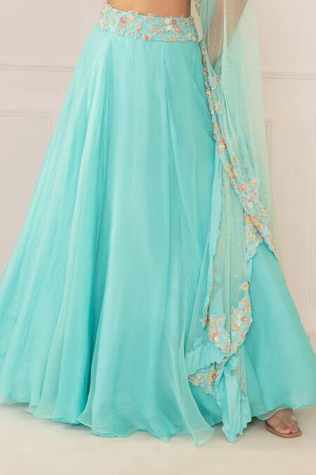 Shop_Mani Bhatia_Blue Net, Silk Organza Sweetheart Neck Embroidered Bridal Lehenga Set _Online_at_Aza_Fashions