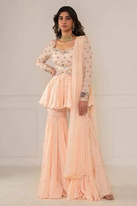 Mani Bhatia Pink Cotton Silk Embroidery Sweetheart Neck Sharara Set 