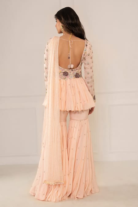 Shop Mani Bhatia Pink Net, Cotton Silk Sweetheart Neck Embroidered Sharara Set at Aza Fashions Shop_Mani Bhatia_Pink Net, Cotton Silk Sweetheart Neck Embroidered Sharara Set _at_Aza_Fashions