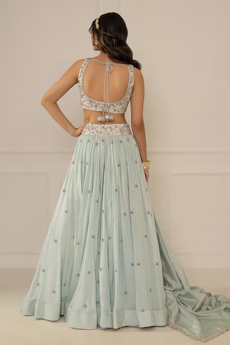 Shop Mani Bhatia Blue Cotton , Chanderi Scoop Neck Embroidered Bridal Lehenga Set at Aza Fashions Shop_Mani Bhatia_Blue Cotton , Chanderi Scoop Neck Embroidered Bridal Lehenga Set _at_Aza_Fashions