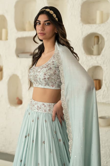 Mani Bhatia Blue Cotton , Chanderi Scoop Neck Embroidered Bridal Lehenga Set Online at Aza Fashions Mani Bhatia_Blue Cotton , Chanderi Scoop Neck Embroidered Bridal Lehenga Set _Online_at_Aza_Fashions