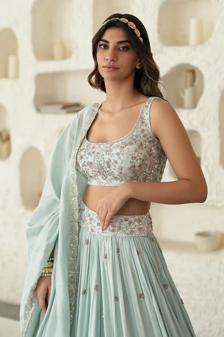 Buy Mani Bhatia Blue Cotton , Chanderi Scoop Neck Embroidered Bridal Lehenga Set Online at Aza Fashions Buy_Mani Bhatia_Blue Cotton , Chanderi Scoop Neck Embroidered Bridal Lehenga Set _Online_at_Aza_Fashions
