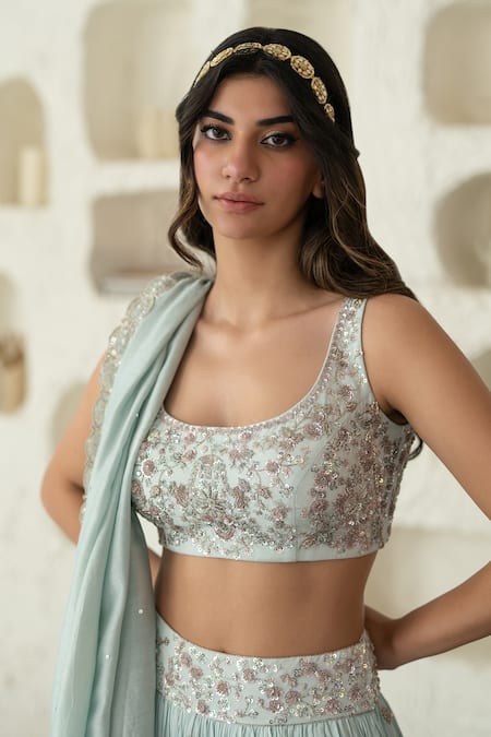 Shop Mani Bhatia Blue Cotton , Chanderi Scoop Neck Embroidered Bridal Lehenga Set Online at Aza Fashions Shop_Mani Bhatia_Blue Cotton , Chanderi Scoop Neck Embroidered Bridal Lehenga Set _Online_at_Aza_Fashions