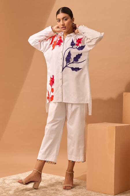 Buy_Vidhi Wadhwani_White Cotton Shirt Collar Applique _Online_at_Aza_Fashions