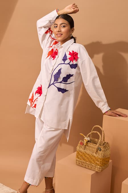 Vidhi Wadhwani White Cotton Shirt Collar Applique And Pant Set