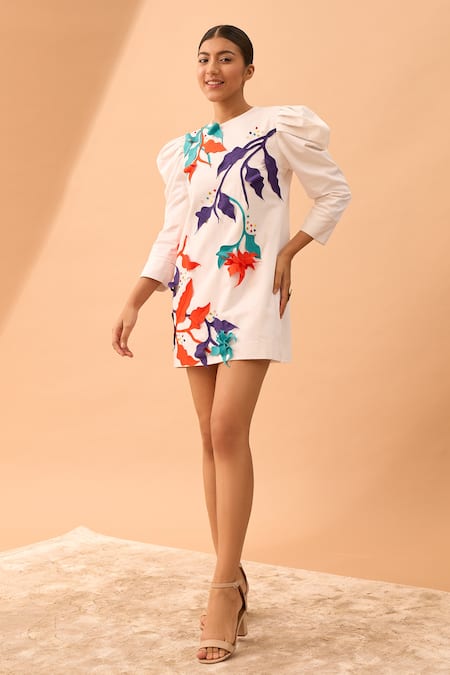 Vidhi Wadhwani White Twill Cotton Round Applique Structured Dress