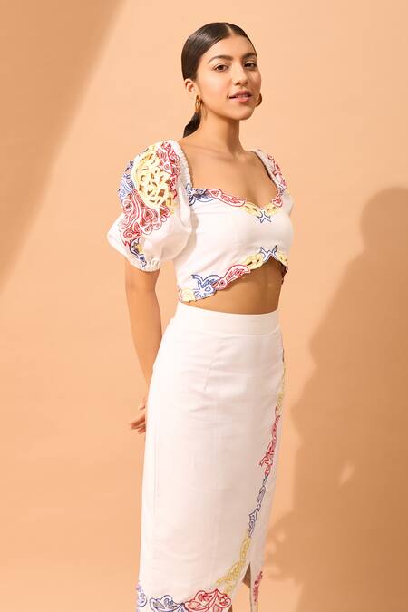 Shop Vidhi Wadhwani White Cotton V Neck Cutwork Crop Top And Skirt Set Online at Aza Fashions Shop_Vidhi Wadhwani_White Cotton V Neck Cutwork Crop Top And Skirt Set _Online_at_Aza_Fashions