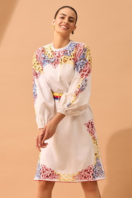 Shop_Vidhi Wadhwani_White Cotton Round Cutwork Shift Dress _at_Aza_Fashions