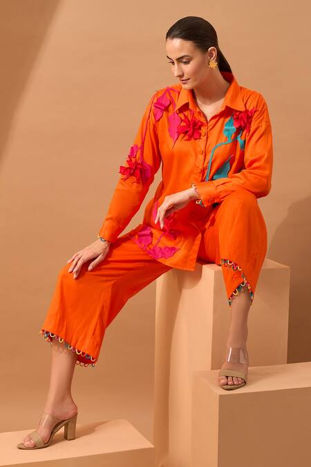 Buy Vidhi Wadhwani Orange Cotton Shirt Collar Applique And Pant Set Online at Aza Fashions Buy_Vidhi Wadhwani_Orange Cotton Shirt Collar Applique And Pant Set _Online_at_Aza_Fashions