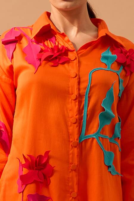 Shop Vidhi Wadhwani Orange Cotton Shirt Collar Applique And Pant Set Online at Aza Fashions Shop_Vidhi Wadhwani_Orange Cotton Shirt Collar Applique And Pant Set _Online_at_Aza_Fashions