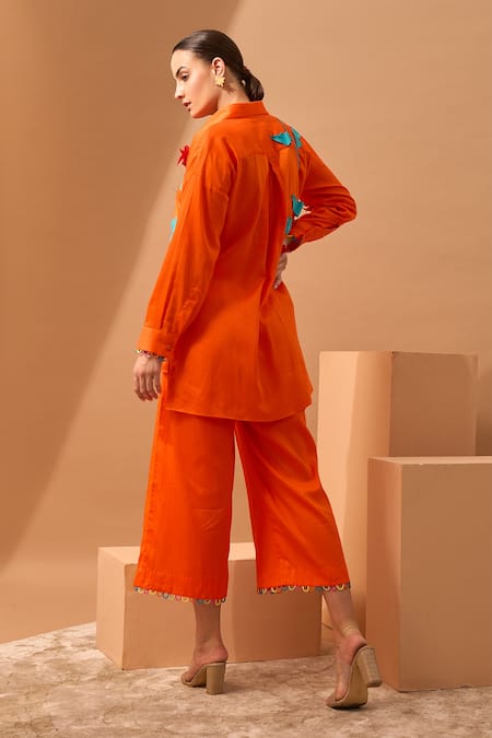 Shop Vidhi Wadhwani Orange Cotton Shirt Collar Applique at Aza Fashions Shop_Vidhi Wadhwani_Orange Cotton Shirt Collar Applique _at_Aza_Fashions