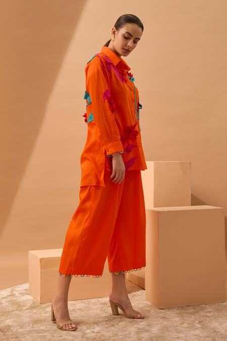 Vidhi Wadhwani Orange Cotton Shirt Collar Applique Online at Aza Fashions Vidhi Wadhwani_Orange Cotton Shirt Collar Applique _Online_at_Aza_Fashions
