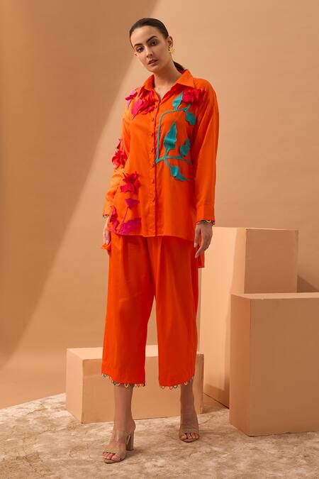 Shop Vidhi Wadhwani Orange Cotton Shirt Collar Applique Online at Aza Fashions Shop_Vidhi Wadhwani_Orange Cotton Shirt Collar Applique _Online_at_Aza_Fashions