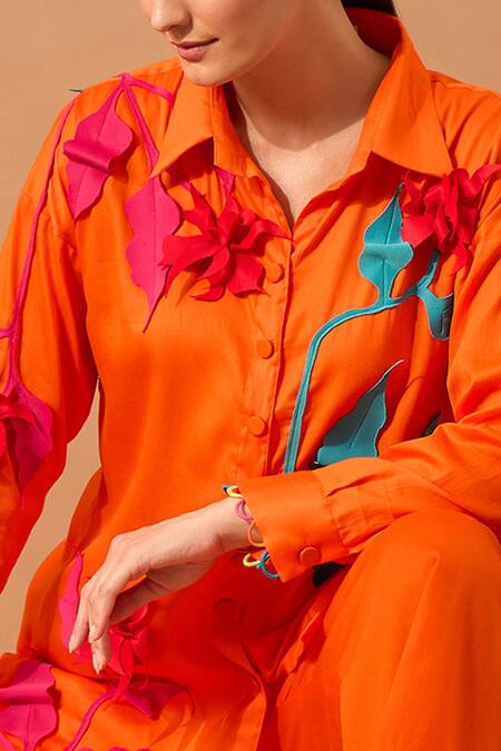 Vidhi Wadhwani Orange Cotton Shirt Collar Applique at Aza Fashions Vidhi Wadhwani_Orange Cotton Shirt Collar Applique _at_Aza_Fashions