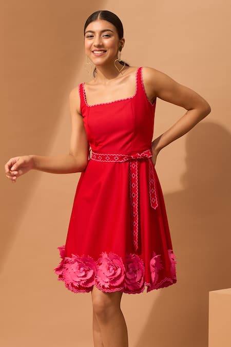 Shop Vidhi Wadhwani Red Twill Cotton Square Neck Sleeveless Dress at Aza Fashions Shop_Vidhi Wadhwani_Red Twill Cotton Square Neck Sleeveless Dress _at_Aza_Fashions