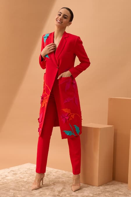 Vidhi Wadhwani_Red Banana Crepe Notched Lapel Applique Jacket_Online_at_Aza_Fashions