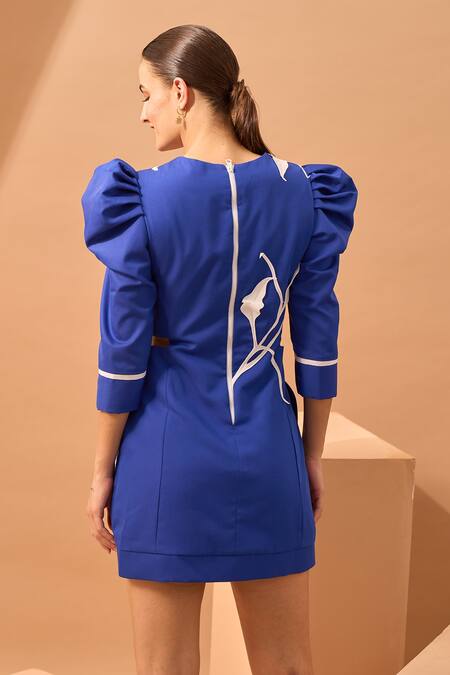 Shop Vidhi Wadhwani Blue Twill Cotton Round Applique Structured Dress at Aza Fashions Shop_Vidhi Wadhwani_Blue Twill Cotton Round Applique Structured Dress _at_Aza_Fashions