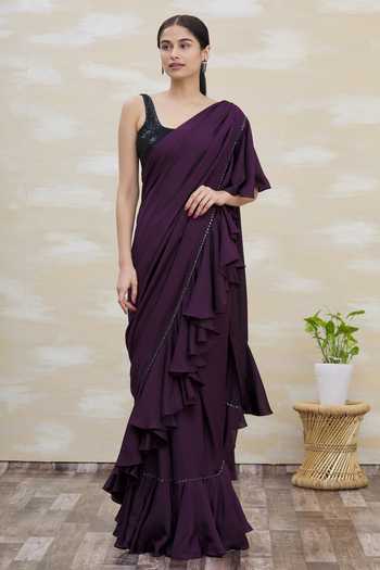 Kommal Sood Purple Crepe Blend Ruffle Saree Online at Aza Fashions Kommal Sood_Purple Crepe Blend Ruffle Saree _Online_at_Aza_Fashions