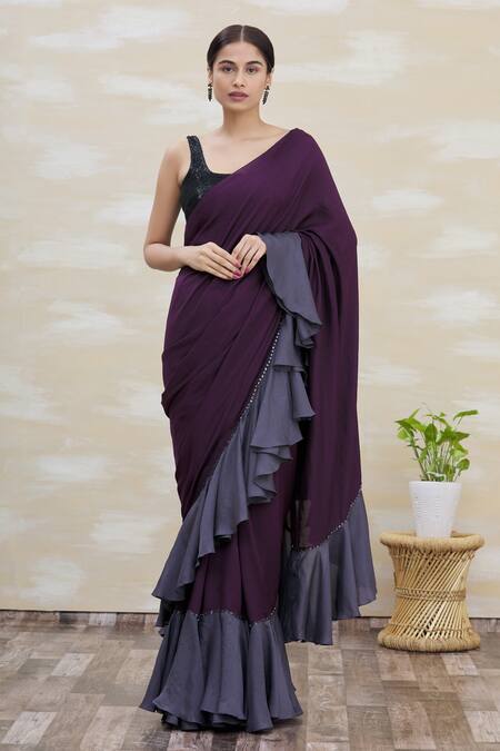 Buy Kommal Sood Grey Crepe Blend Ruffle Saree Online at Aza Fashions Buy_Kommal Sood_Grey Crepe Blend Ruffle Saree _Online_at_Aza_Fashions