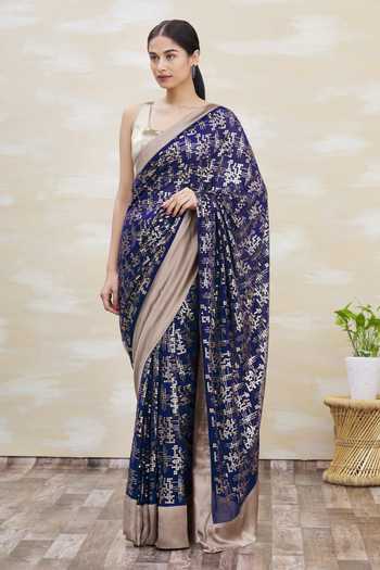 Buy_Kommal Sood_Blue Georgette Sequins Embellished Saree _Online_at_Aza_Fashions