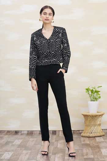 Kommal Sood_Beige Cupro Embroidery V Neck Textured Jacket And Trouser  _Online_at_Aza_Fashions