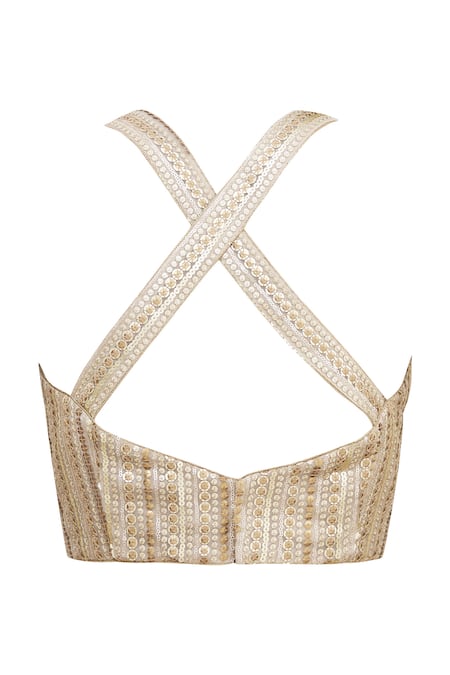 Shop_Kommal Sood_Beige Net Embroidery V Neck Blouse _Online_at_Aza_Fashions