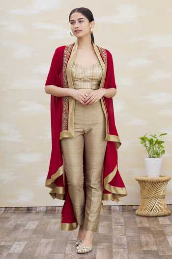 Kommal Sood Beige Georgette Asymmetrical Cape And Pant Set Online at Aza Fashions Kommal Sood_Beige Georgette Asymmetrical Cape And Pant Set_Online_at_Aza_Fashions