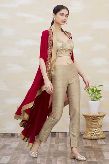 Buy Kommal Sood Beige Georgette Asymmetrical Cape And Pant Set at Aza Fashions Buy_Kommal Sood_Beige Georgette Asymmetrical Cape And Pant Set_at_Aza_Fashions