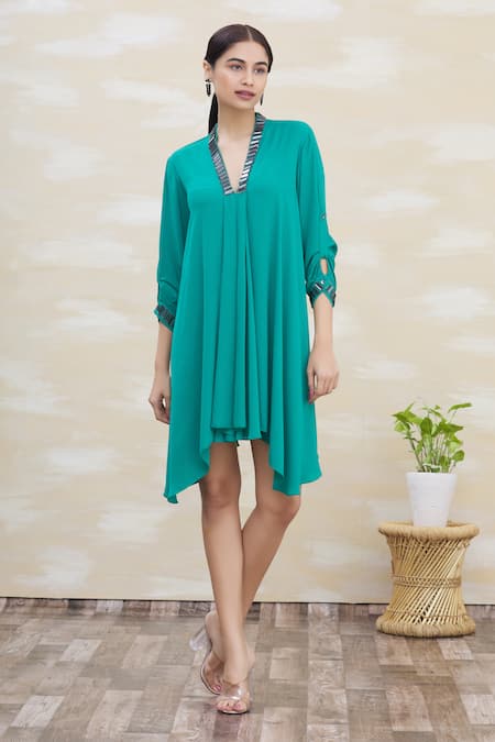 Shop_Kommal Sood_Green Georgette V Neck Embellished Asymmetrical Dress _Online_at_Aza_Fashions